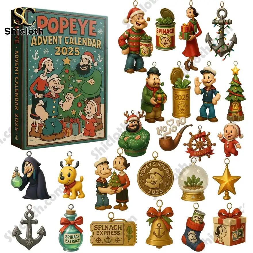 Popeye Advent Calendar 2025 featuring characters and ornaments from the Popeye cartoon with a holiday theme.