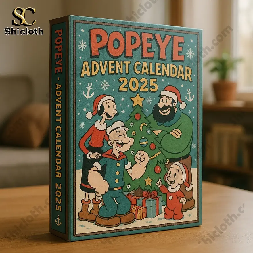 Popeye Advent Calendar 2025 with a colorful holiday scene featuring Popeye and family around a Christmas tree.