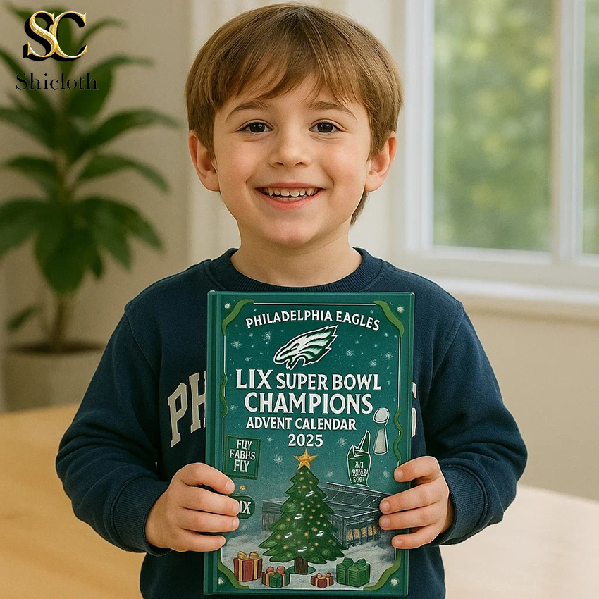 A boy holds a smaller Philadelphia Eagles Super Bowl Champions Advent Calendar 2025 box.