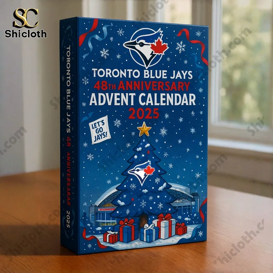 Toronto Blue Jays 48th Anniversary Advent Calendar 2025 featuring a festive Christmas tree and stadium backdrop.