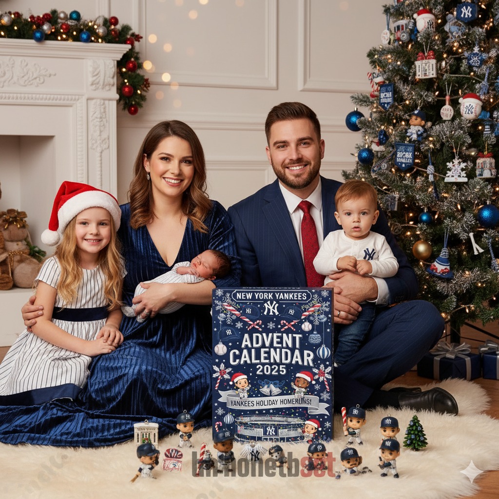 Family posing with New York Yankees Advent Calendar 2025 beside decorated Christmas tree