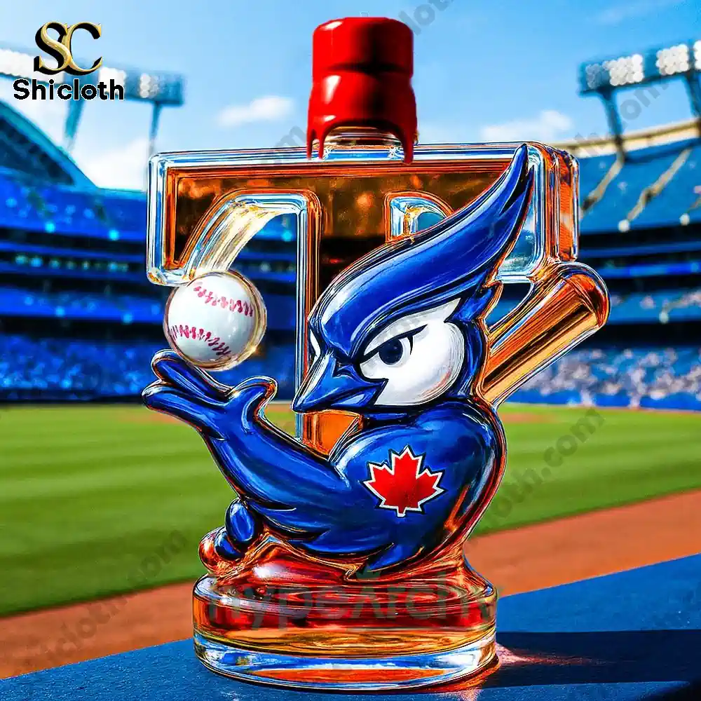 Toronto Blue Jays Crown Royal Whiskey Bottle 5 A glass bottle shaped like the letter T featuring a Blue Jay mascot holding a baseball and topped with a red cap, set on a baseball field.