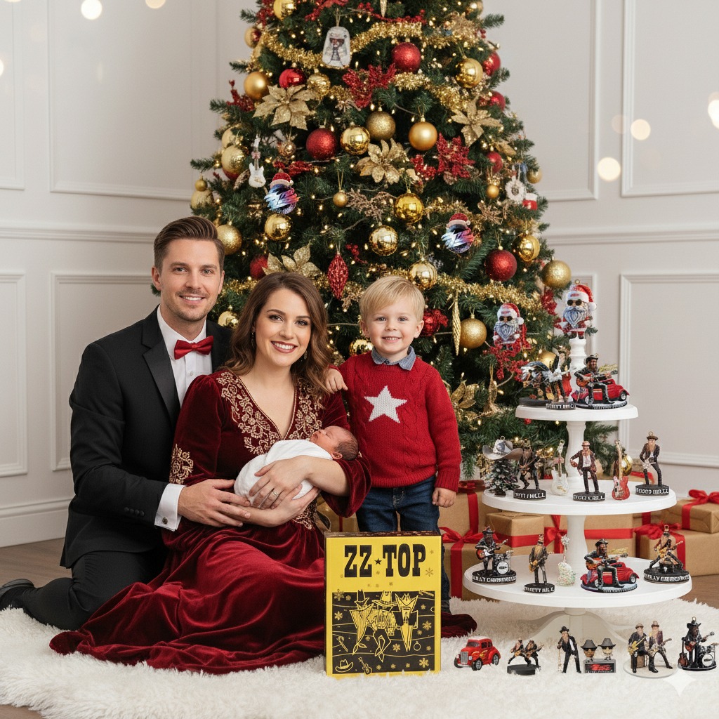 A happy family poses in front of a decorated Christmas tree with a ZZ Top advent calendar and collectible figures.