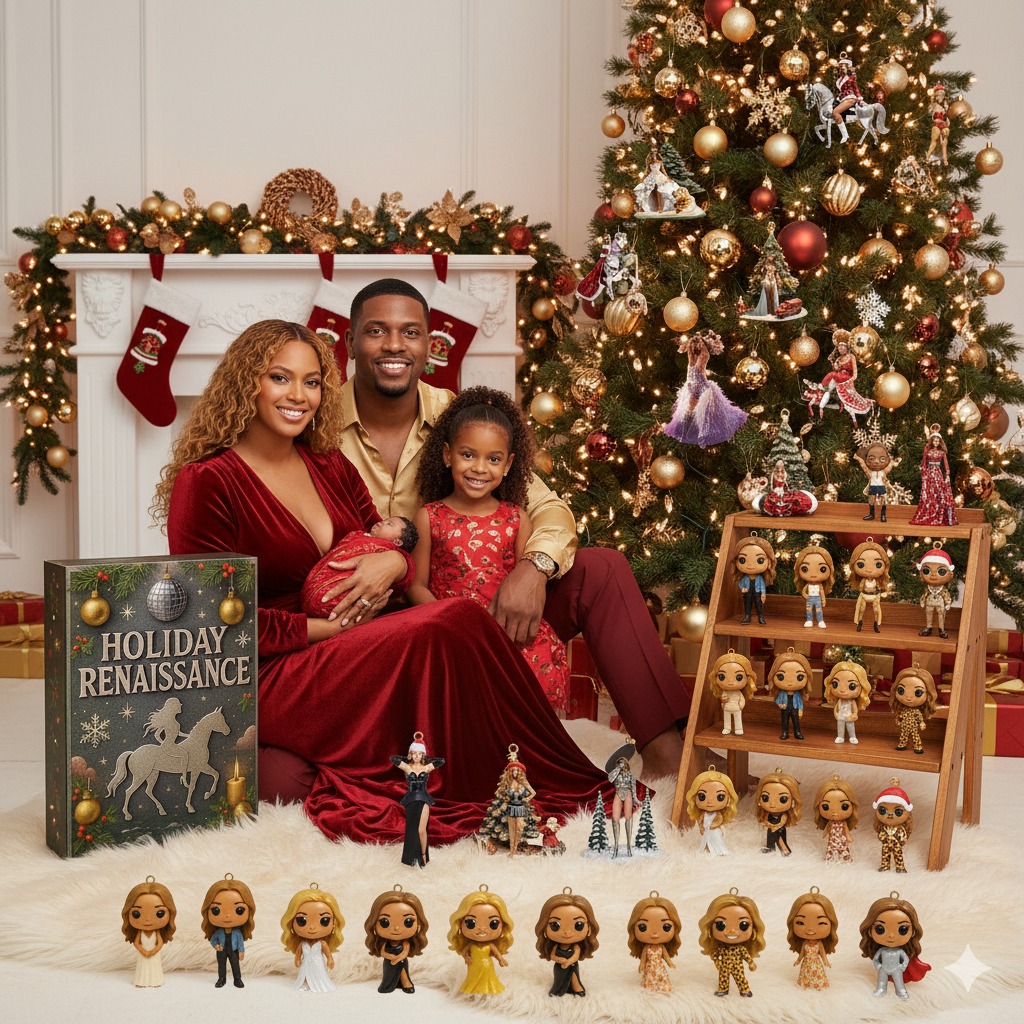 Family portrait by a Christmas tree with a Holiday Renaissance advent box and collectible ornaments.