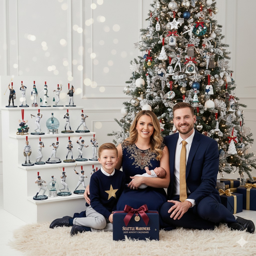 Alt text Family sitting by a decorated Christmas tree with Seattle Mariners advent calendar set displayed.