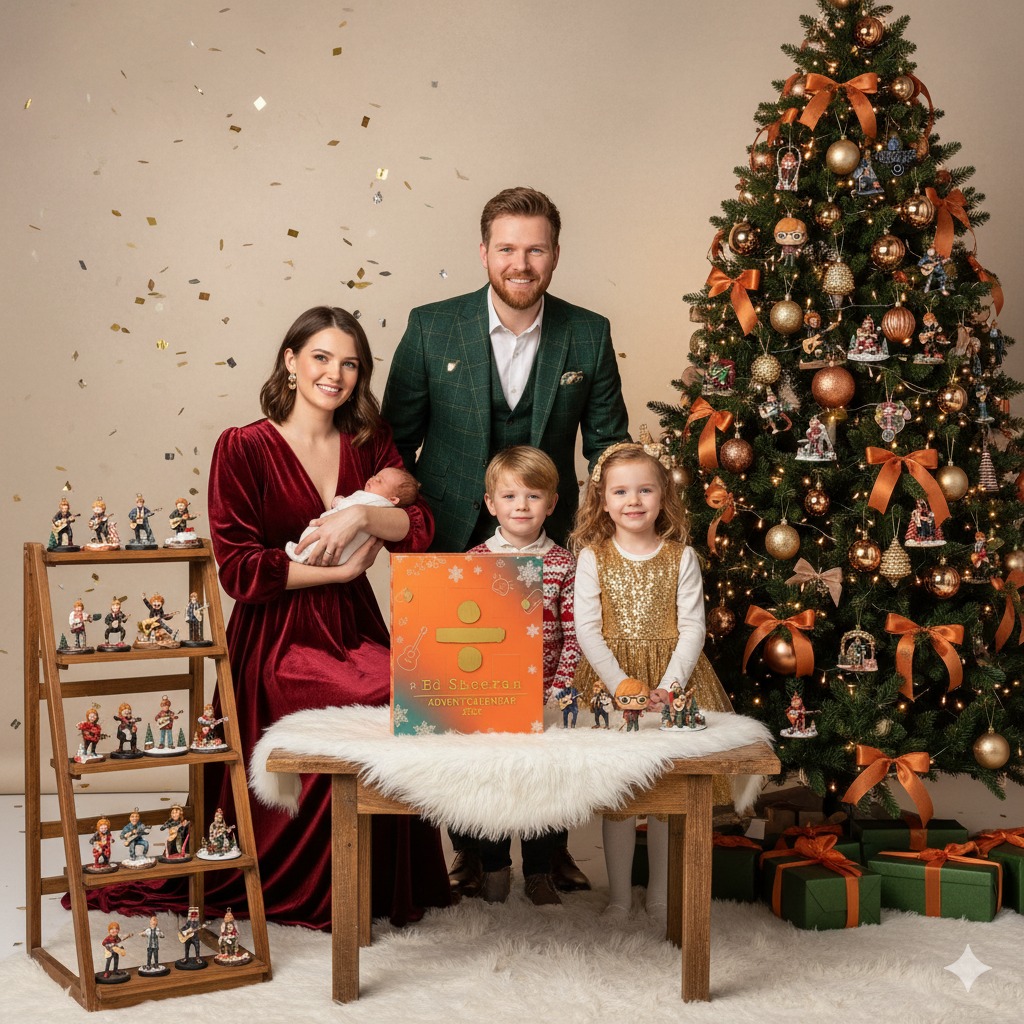 A smiling family poses for a Christmas photo with an Ed Sheeran Advent Calendar and themed figurines near a decorated Christmas tree.