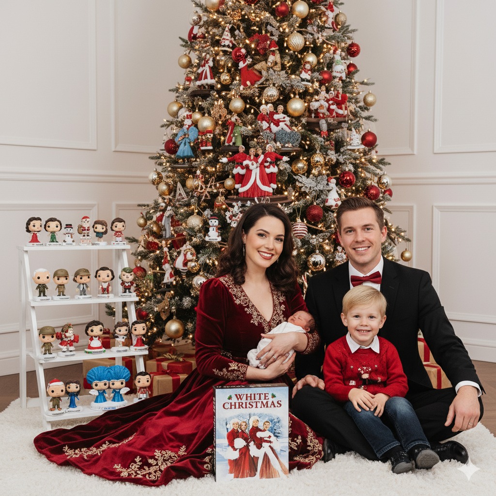 A family posing in front of a decorated Christmas tree with a White Christmas themed display and collectible figures!