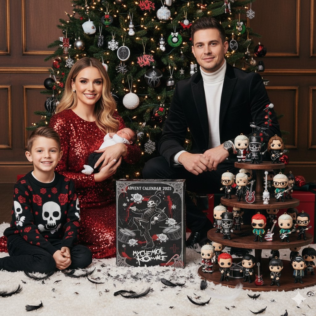 A family poses by a Christmas tree with the My Chemical Romance Advent Calendar 2025 box and collectible figures displayed.