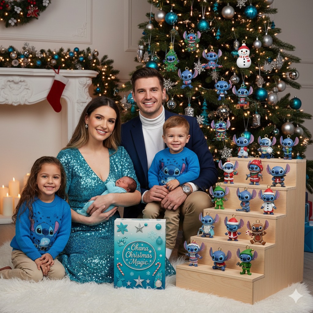 A family poses for a Christmas photo with the Ohana Christmas Magic calendar box and multiple Stitch figures displayed near a decorated Christmas tree.