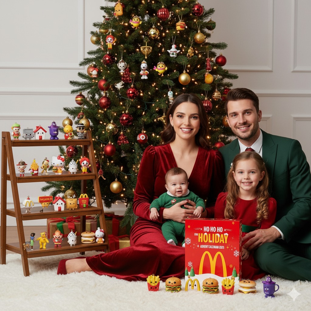 A family posing by a Christmas tree with McDonalds 2025 advent calendar and collectible toys.