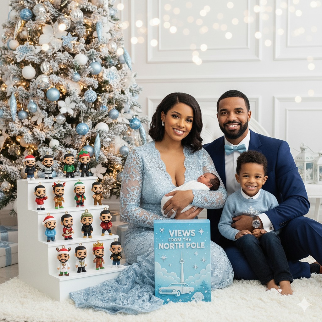 A smiling family poses in front of a Christmas tree with a Views From The North Pole collectible set displayed beside them!