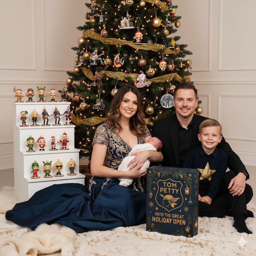 A family poses for a Christmas photo with the Tom Petty Into The Great Holiday Open calendar box and collectible figures near a decorated Christmas tree.
