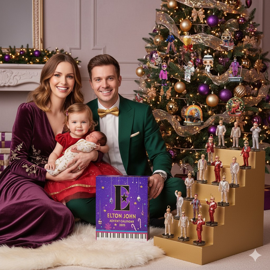 A smiling family with two children sits by a Christmas tree decorated with Elton John themed ornaments and an Elton John Advent Calendar 2025 box in front.