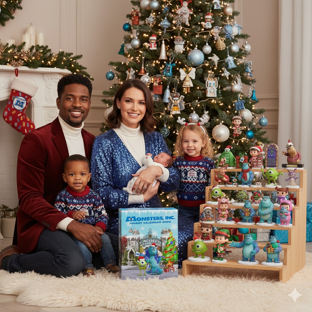 A family poses by a Christmas tree with a Monsters Inc Advent Calendar 2025 and character figures displayed.