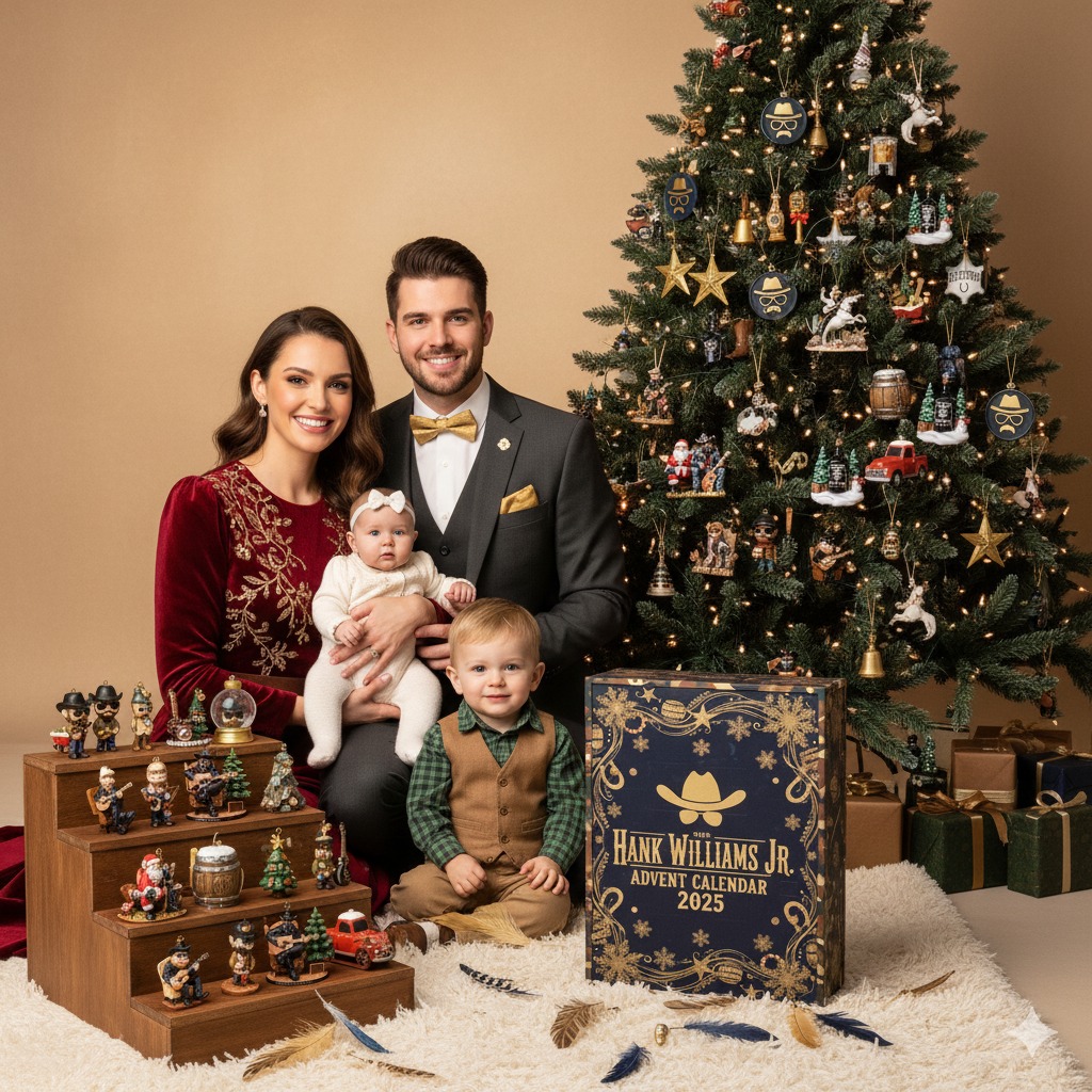 A smiling family with two young children beside a Christmas tree and a Hank Williams Jr Advent Calendar 2025 box in front!