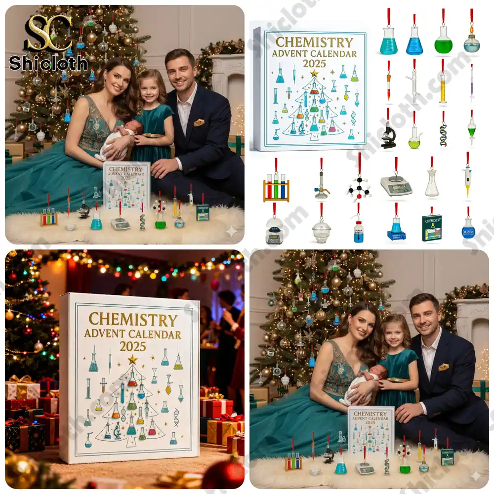 A smiling family with a baby and a child posing beside a Christmas tree and a Shicloth Chemistry Advent Calendar 2025 box with science-themed ornaments.