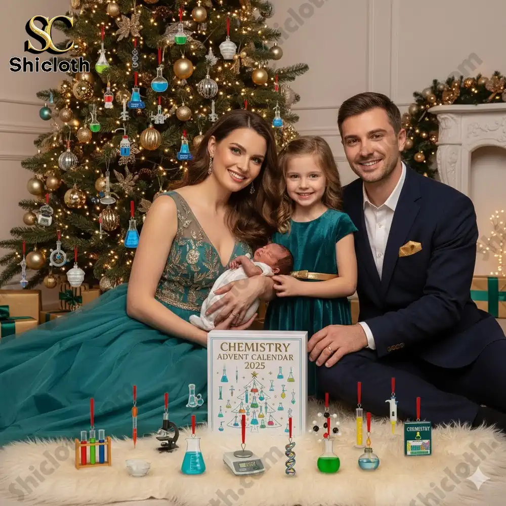 A family sitting by a Christmas tree decorated with chemistry-themed ornaments and the Shicloth Chemistry Advent Calendar 2025 box in front.