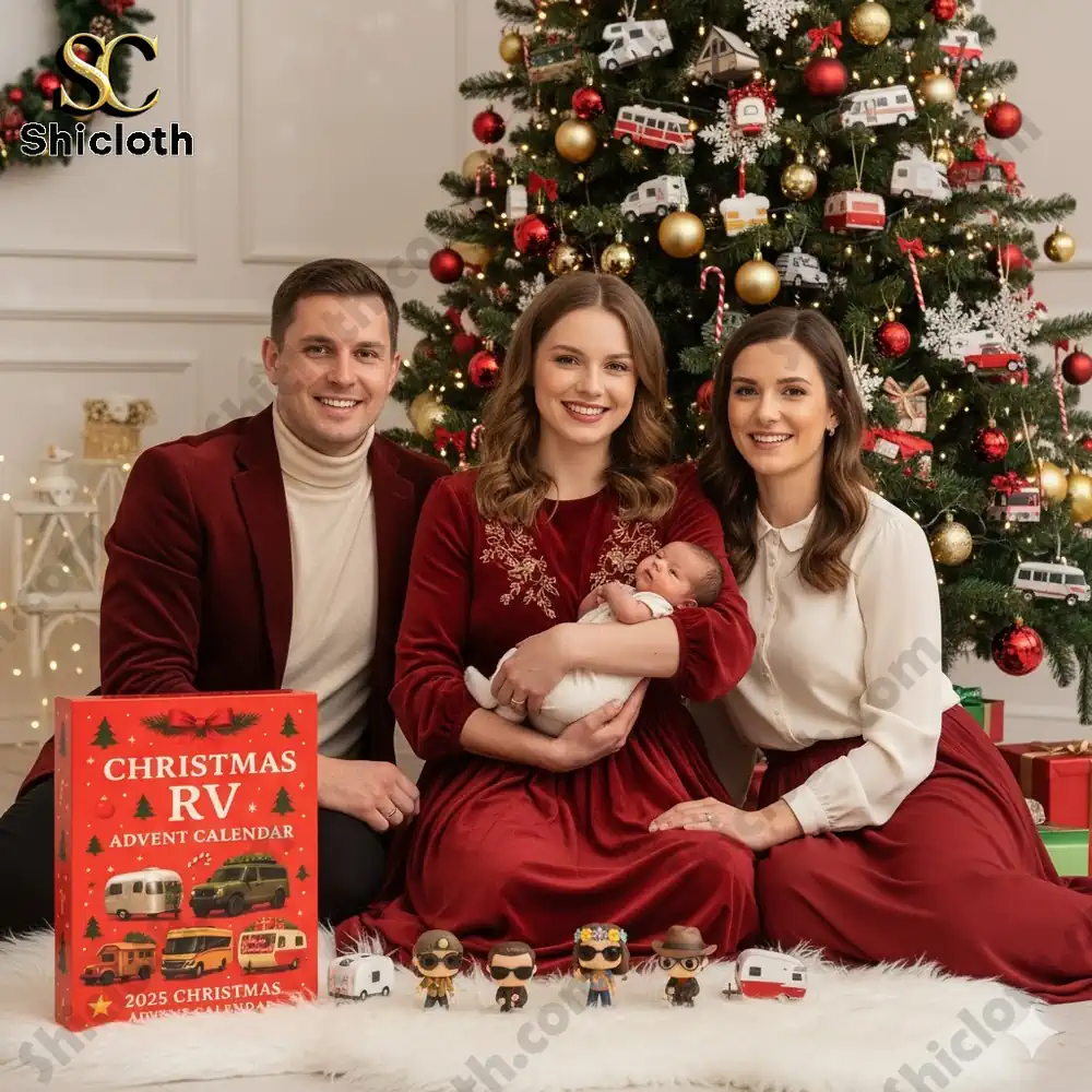 A family sitting by a Christmas tree holding a baby with the 2025 Christmas RV Advent Calendar box and miniature RV figures in front of them.