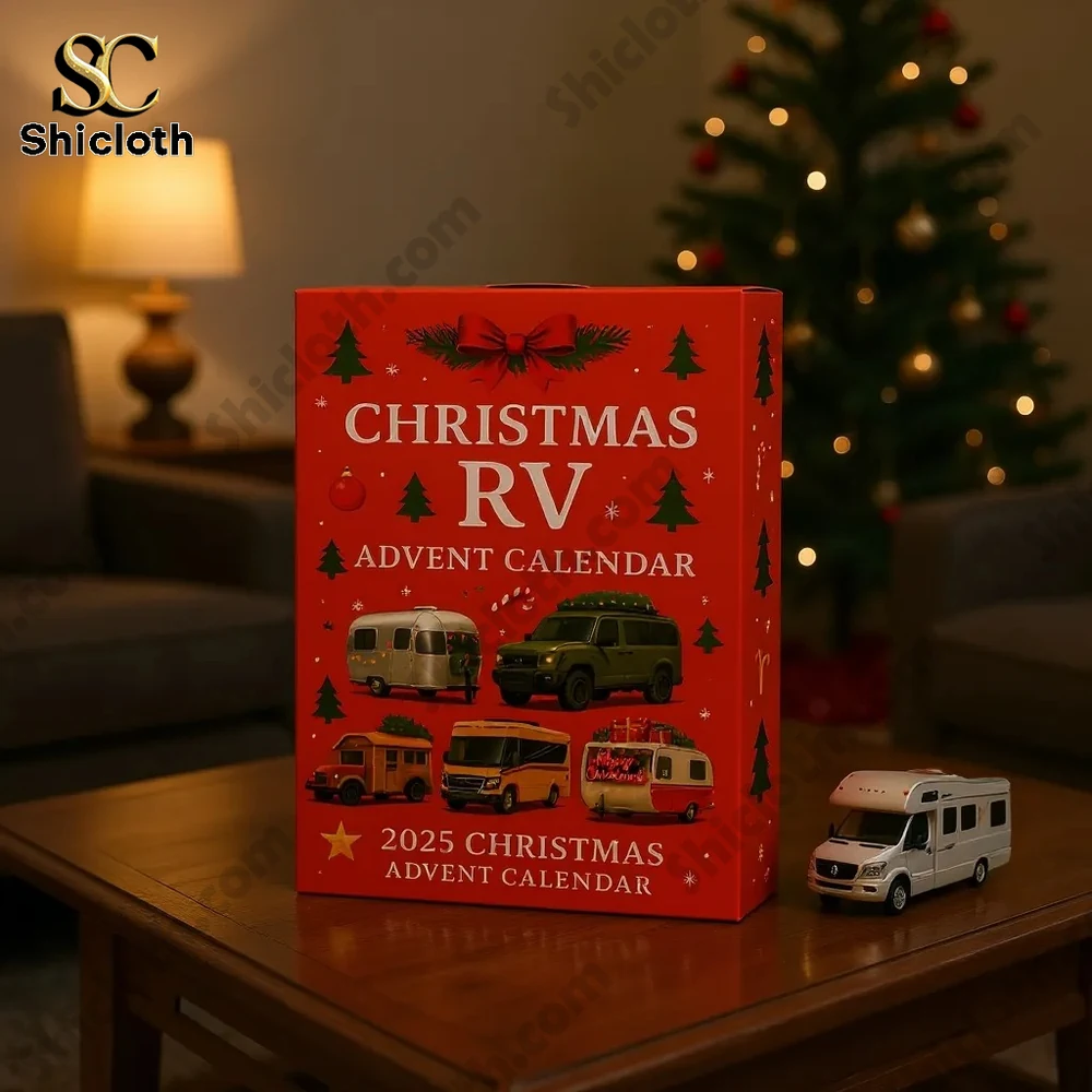 A close up of the 2025 Christmas RV Advent Calendar box on a wooden table in a cozy living room with a Christmas tree in the background.
