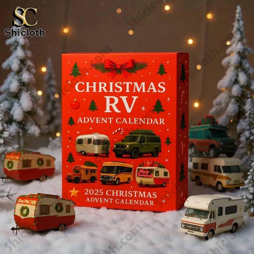 2025 Christmas RV Advent Calendar 3 The 2025 Christmas RV Advent Calendar box surrounded by festive miniature RVs in a snowy Christmas setting.