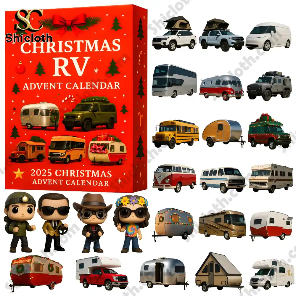 2025 Christmas RV Advent Calendar 5 The 2025 Christmas RV Advent Calendar box with an assortment of miniature RV models and collectible figures displayed in front.