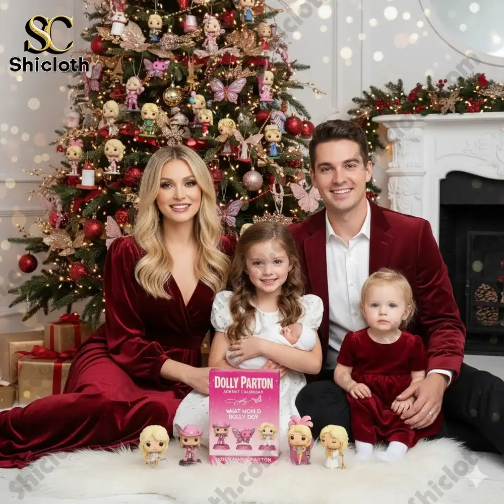 A family sits in front of a decorated Christmas tree with a Dolly Parton Advent Calendar and collectible figures displayed.