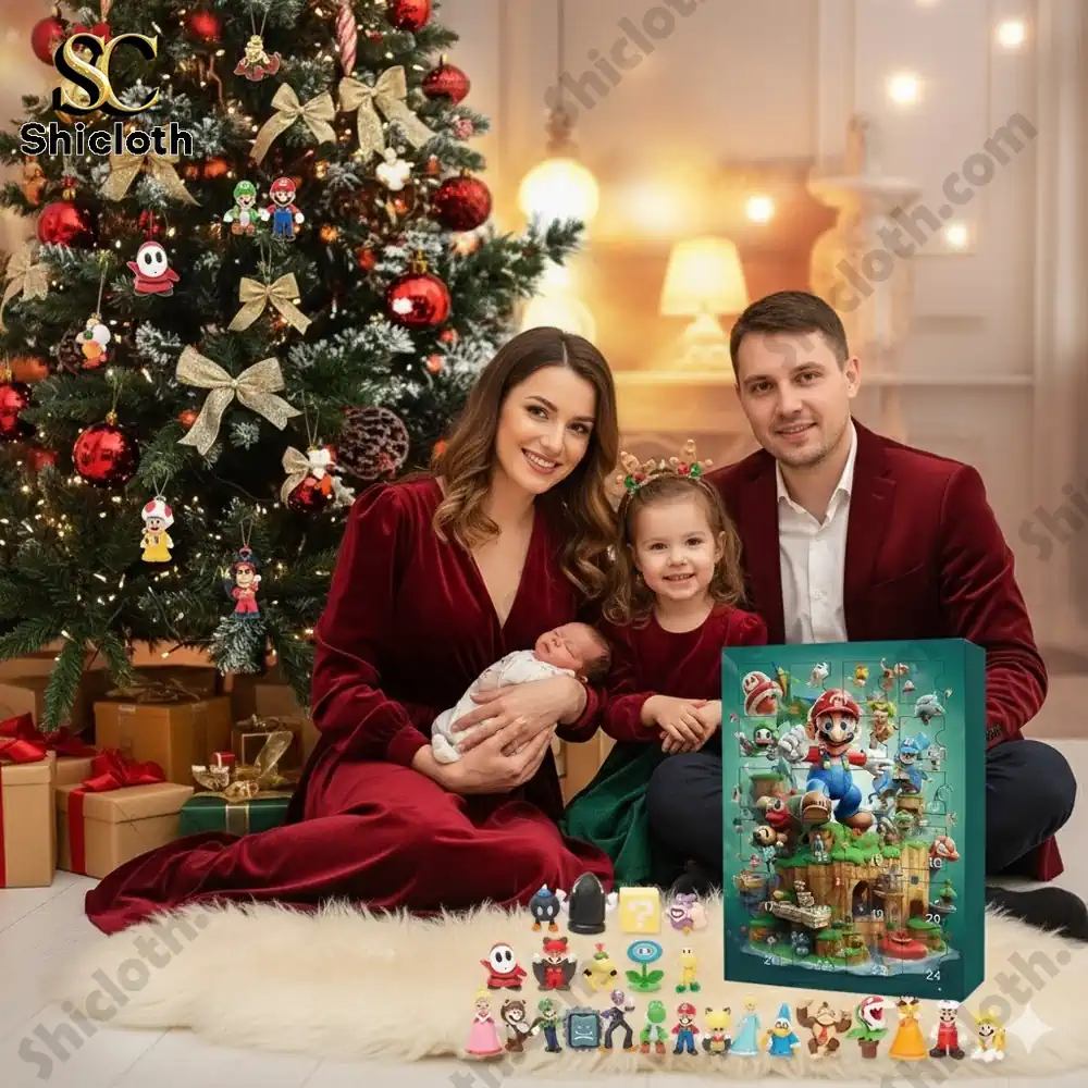 A family sits near a decorated Christmas tree with a Mario Advent Calendar and mini character figures displayed.