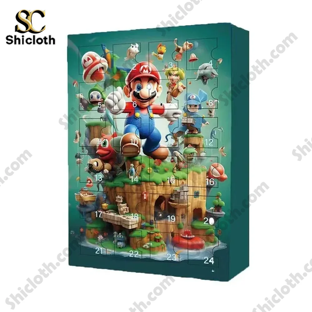 A close-up view of the Shicloth Mario Advent Calendar box featuring Mario and characters on a colorful island design.