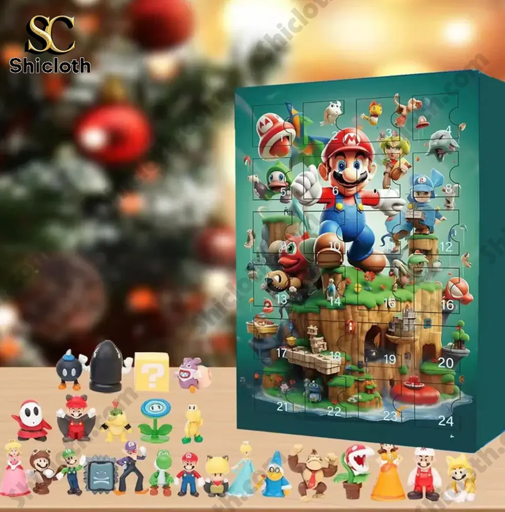 2025 Halloween Mario Advent Calendar Includes 24 Gift 3 A display of mini Mario figures in front of the Shicloth Mario Advent Calendar with a festive Christmas background.