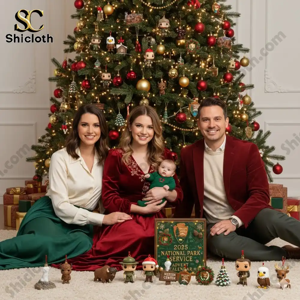 A family sits by a decorated Christmas tree with the 2025 National Park Service Advent Calendar and small collectible figures displayed in front.