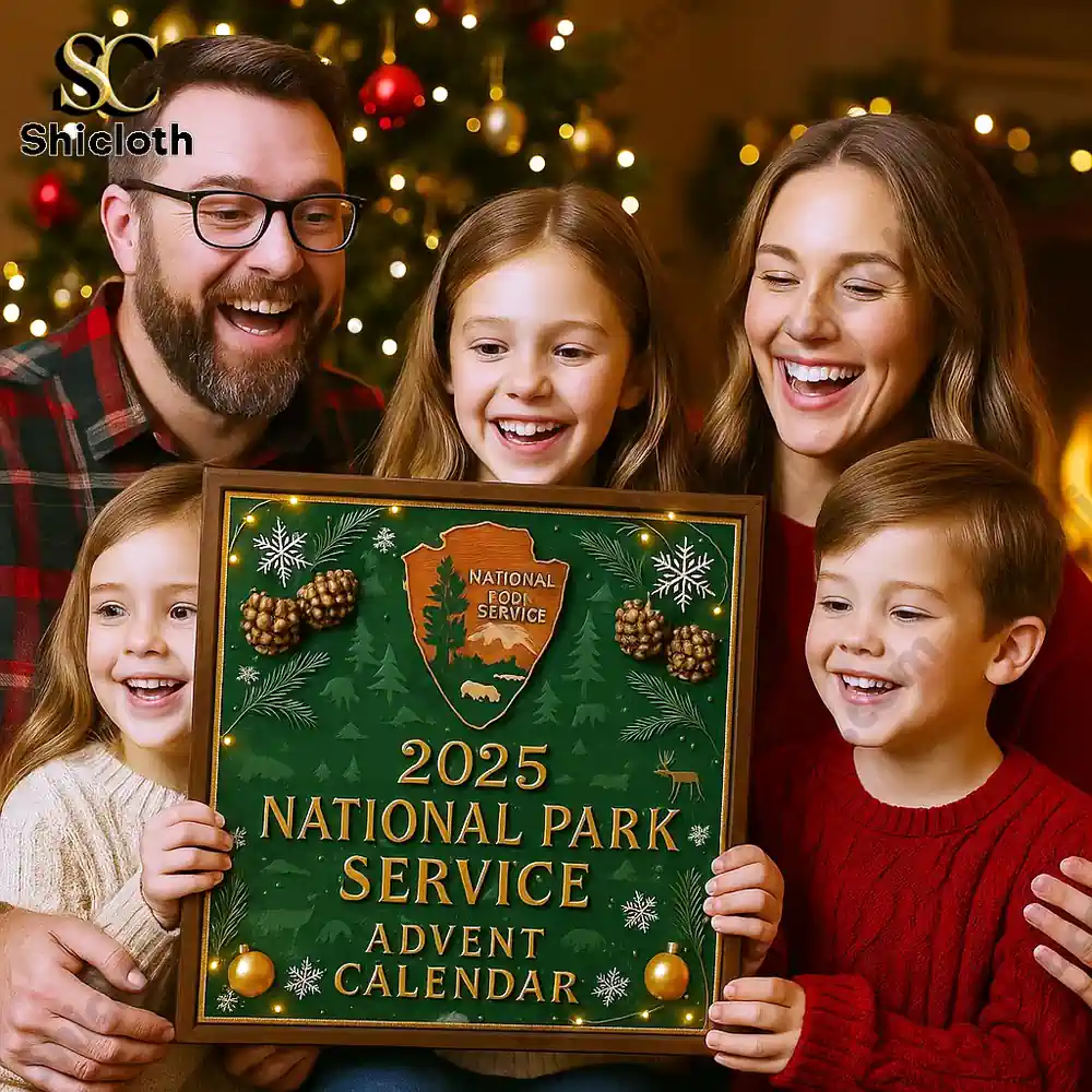 A happy family holds the 2025 National Park Service Advent Calendar in front of a Christmas tree with festive lights.
