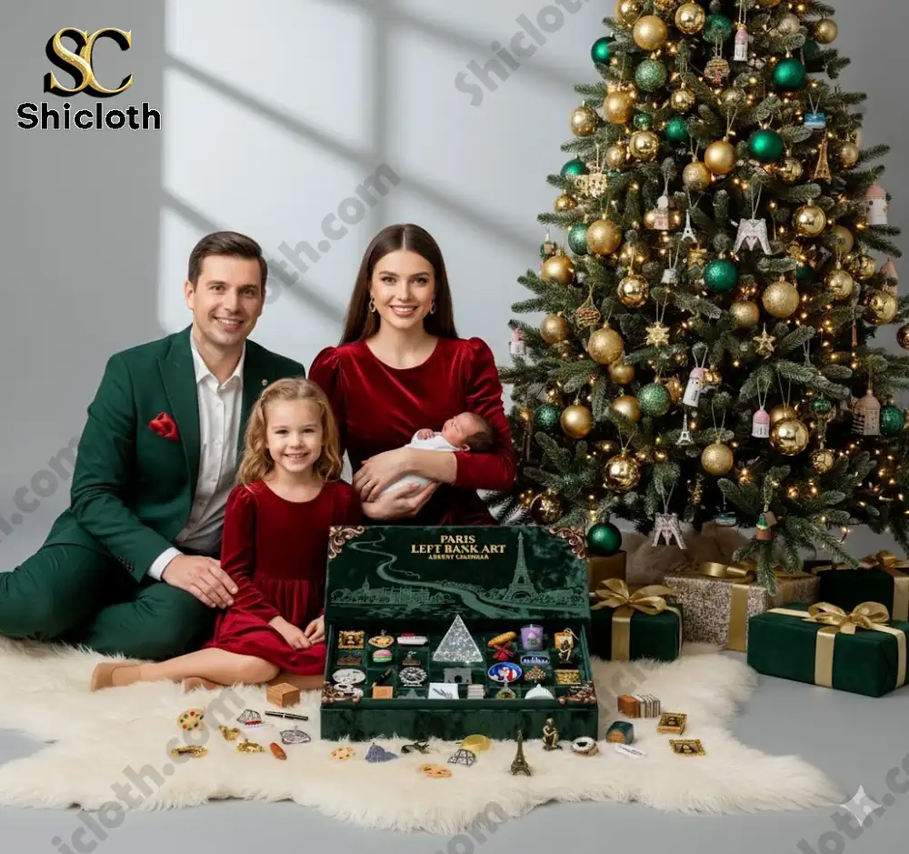 A family sits beside a Christmas tree with the Shicloth Paris Left Bank Art Advent Calendar displayed in front.