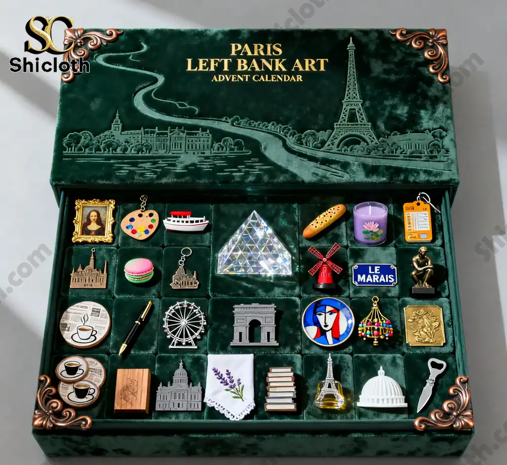 A close-up view of the Shicloth Paris Left Bank Art Advent Calendar showing Paris-themed collectibles.