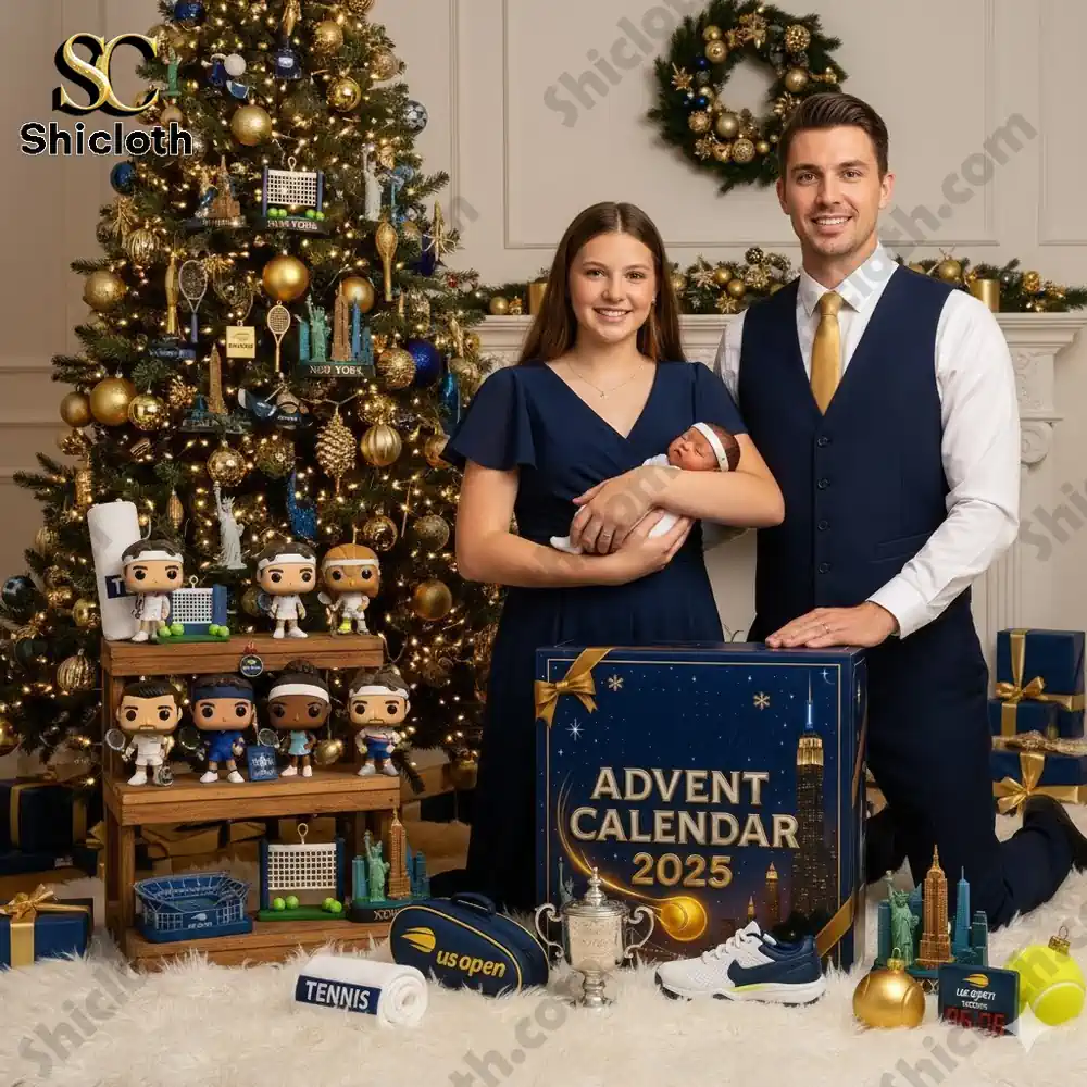 A smiling family poses beside a Christmas tree and the 2025 US Open Tennis Advent Calendar box.