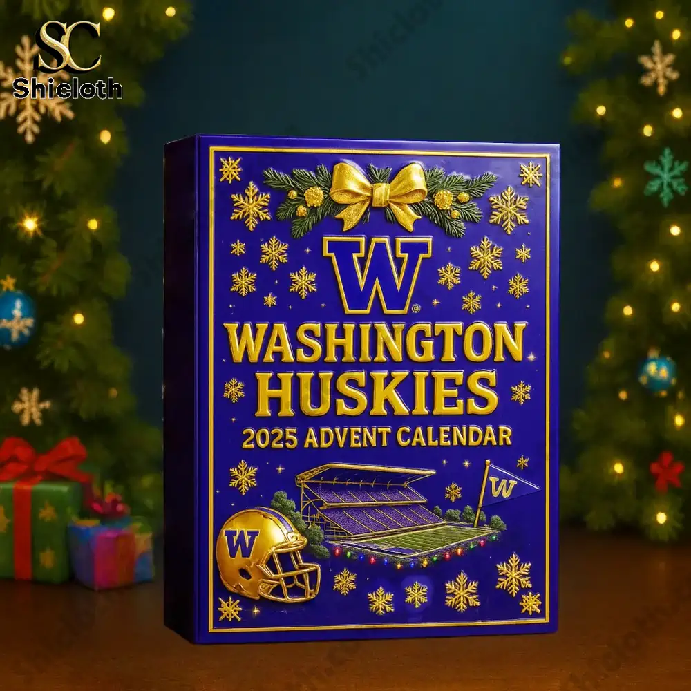 Close up of the 2025 Washington Huskies Advent Calendar box surrounded by Christmas decorations.