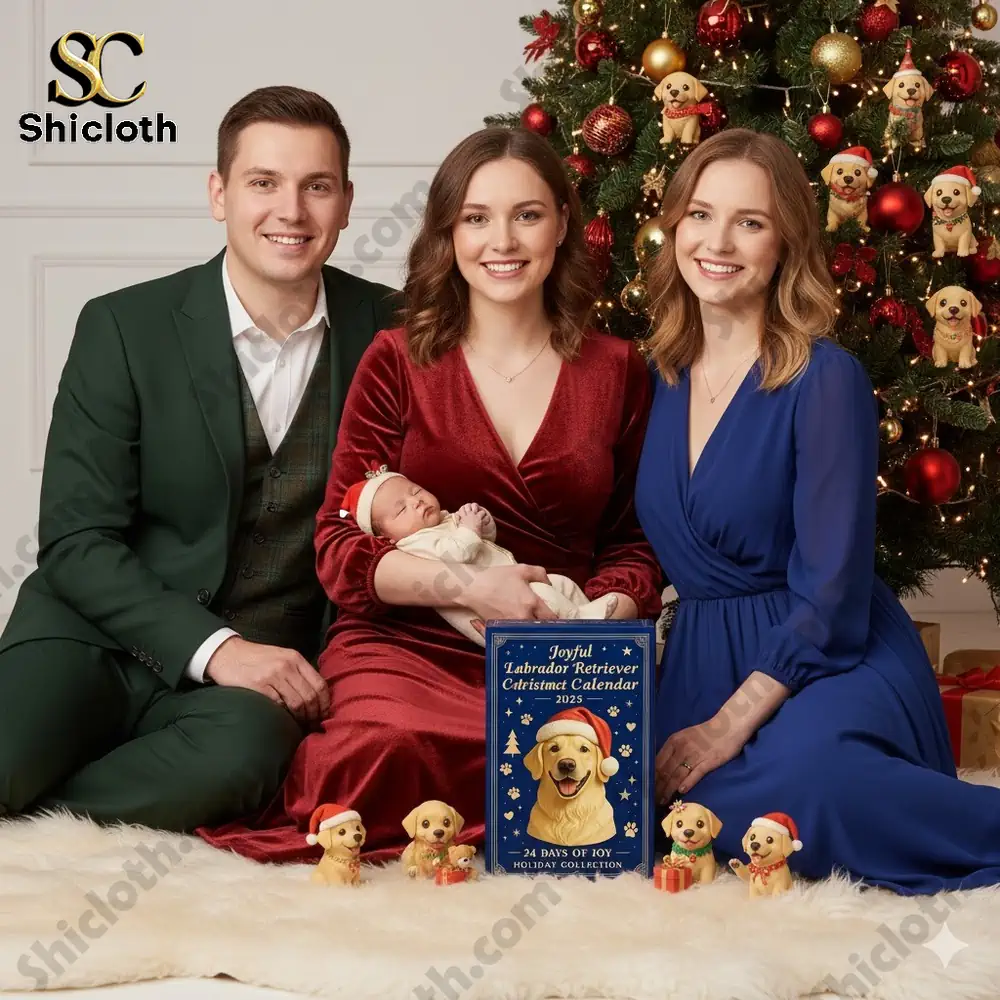 A family sitting by a Christmas tree holding the Joyful Labrador Retriever Christmas Calendar 2025 from Shicloth.