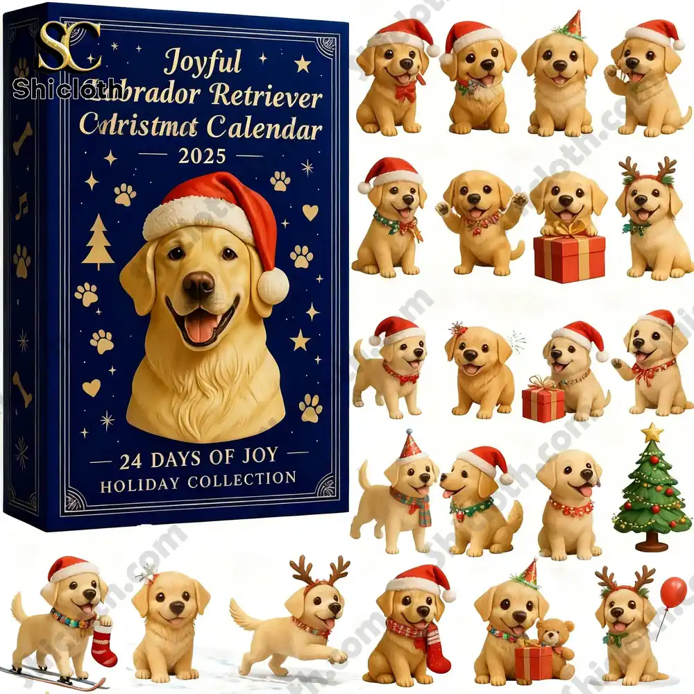 Mini Labrador Retriever Christmas figurines and the Joyful Calendar 2025 box from Shicloth.