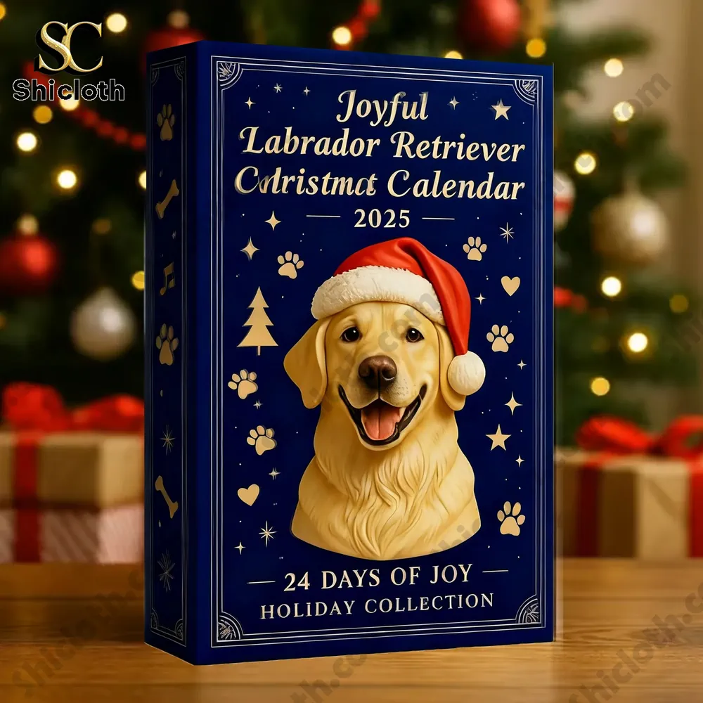24 Days of Joy with Labradors Advent Calendar 2025 3 Close up of the Joyful Labrador Retriever Christmas Calendar 2025 box from Shicloth on a holiday table.