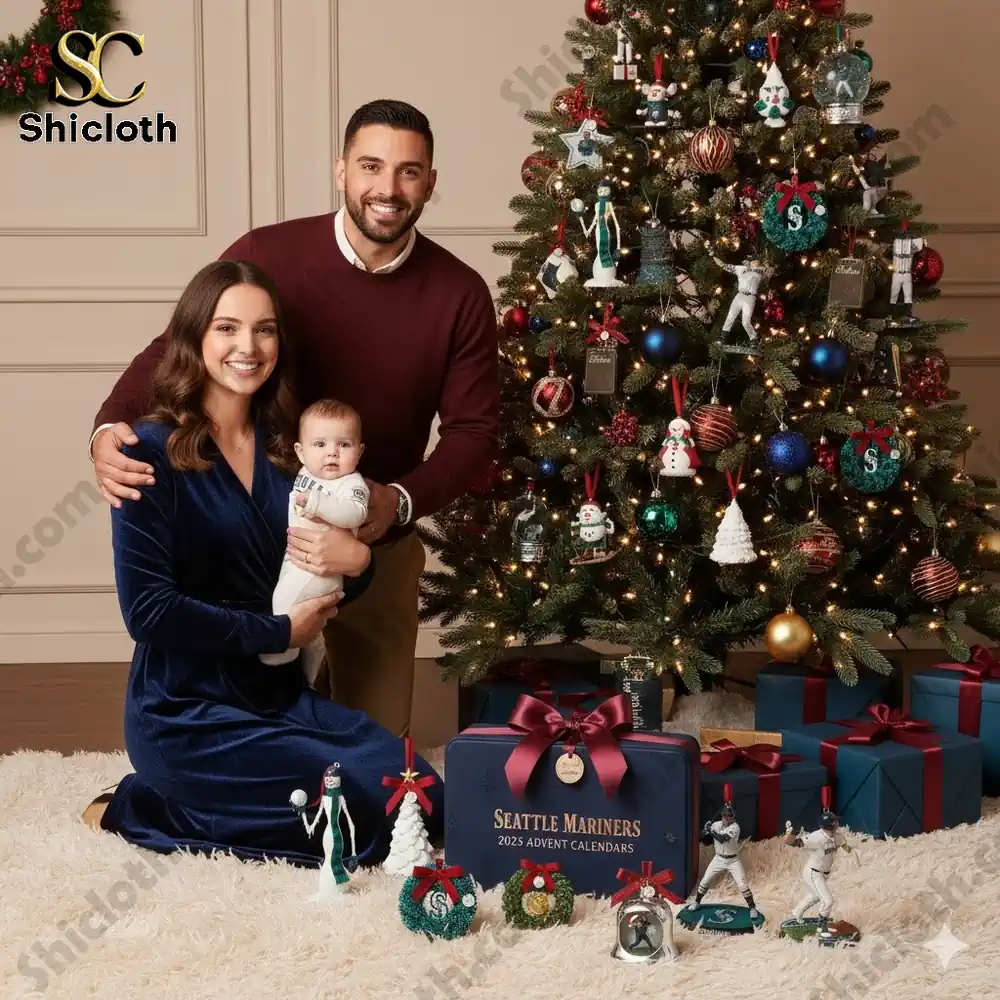 A smiling family poses beside a Christmas tree decorated with Seattle Mariners ornaments and a 2025 Advent Calendar gift box.
