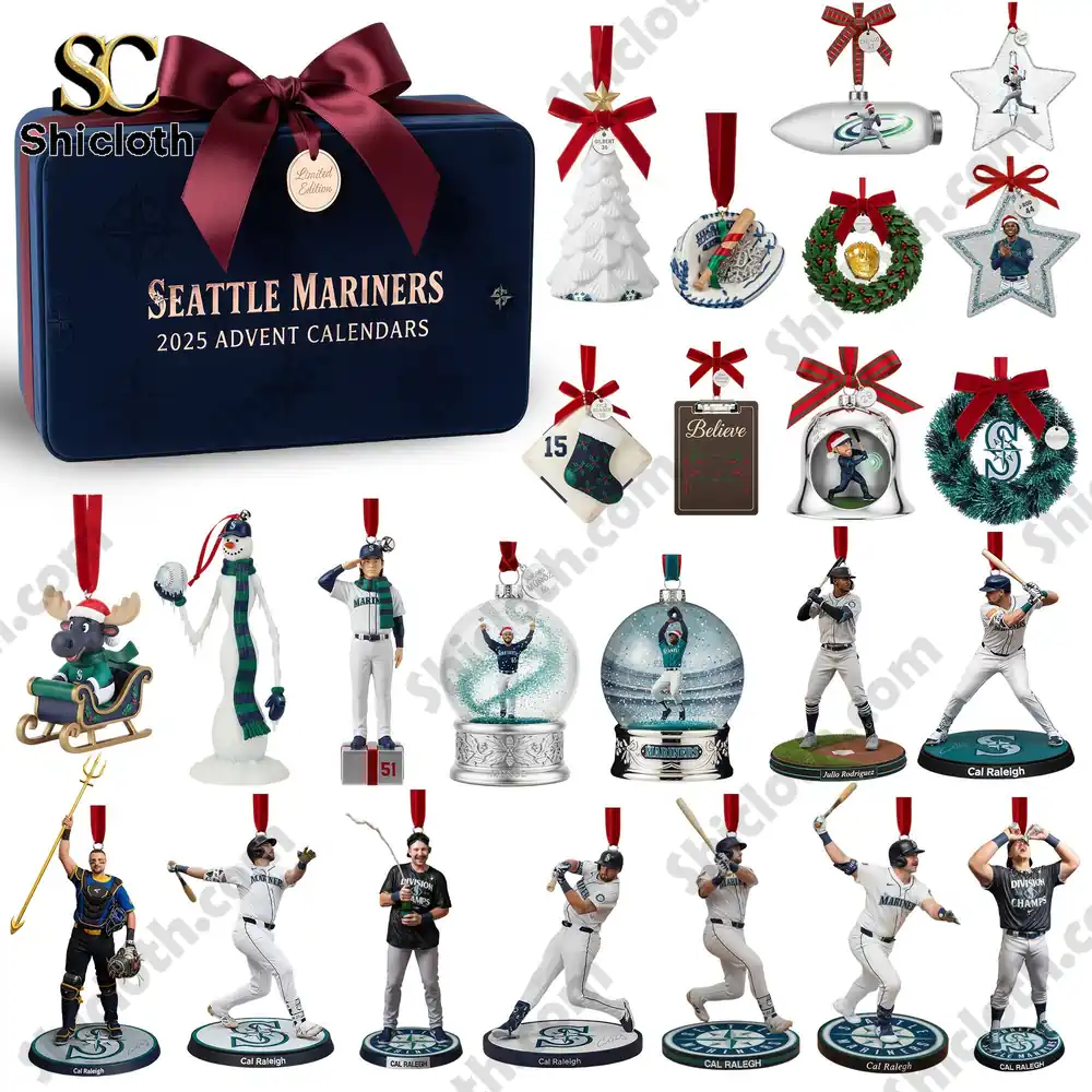 A full display of Seattle Mariners 2025 Advent Calendar ornaments and the navy gift box with a red ribbon.
