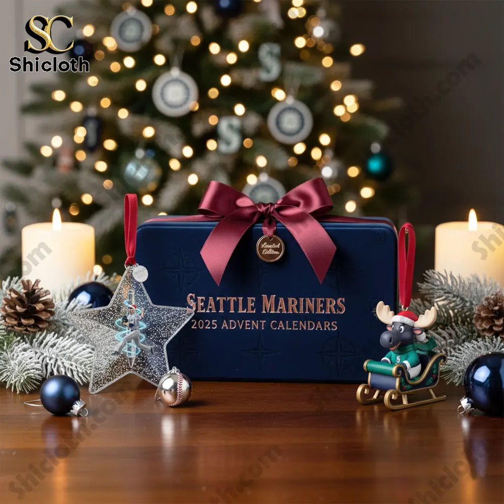 Premium 24 Days of True Mariners Spirit Seattle Mariners Advent Calendar 2025 3 Seattle Mariners 2025 Advent Calendar gift box with ornaments displayed beside a lit Christmas tree.