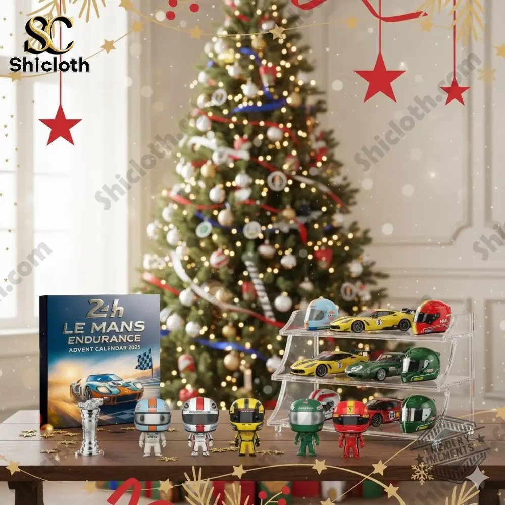 24 Hours Of Le Mans Advent Calendar 2025 1 A 24 Hours of Le Mans advent calendar with miniature race cars and driver figures displayed in front of a decorated Christmas tree!