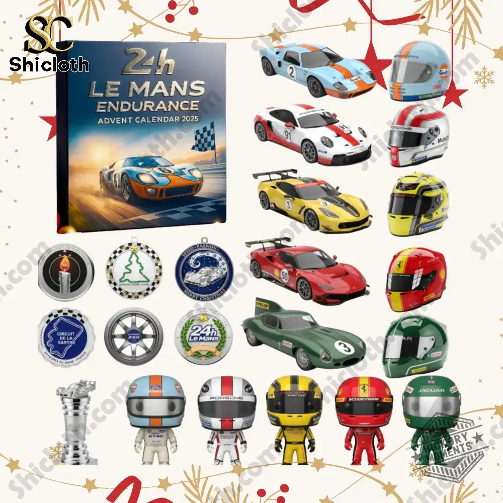 24 Hours Of Le Mans Advent Calendar 2025 2 A collection of Le Mans themed miniature cars, helmets, ornaments, and driver figures from the Shicloth 24 Hours of Le Mans Advent Calendar 2025!