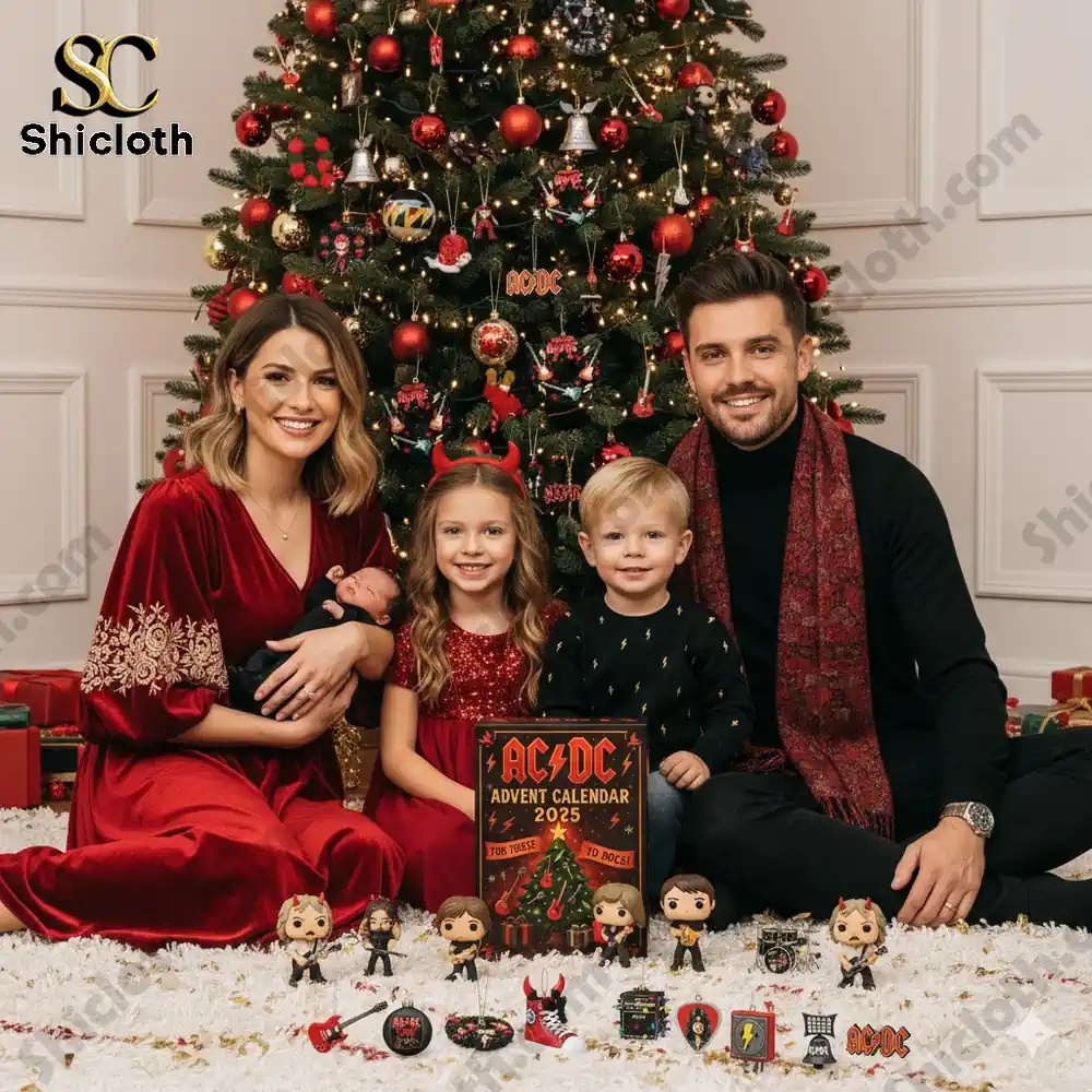 Family sitting by Christmas tree with AC DC advent calendar and Shicloth products.
