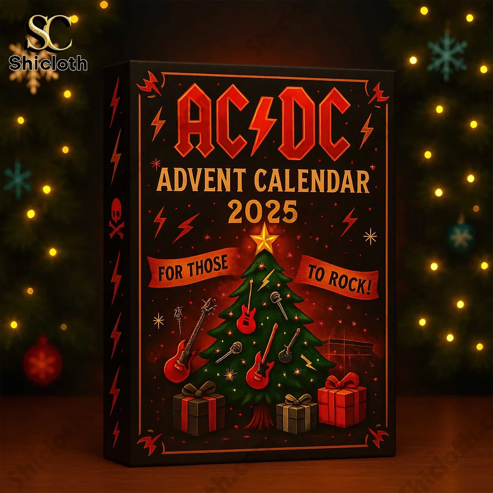 Close up of Shicloth AC DC Advent Calendar 2025 box with Christmas lights.