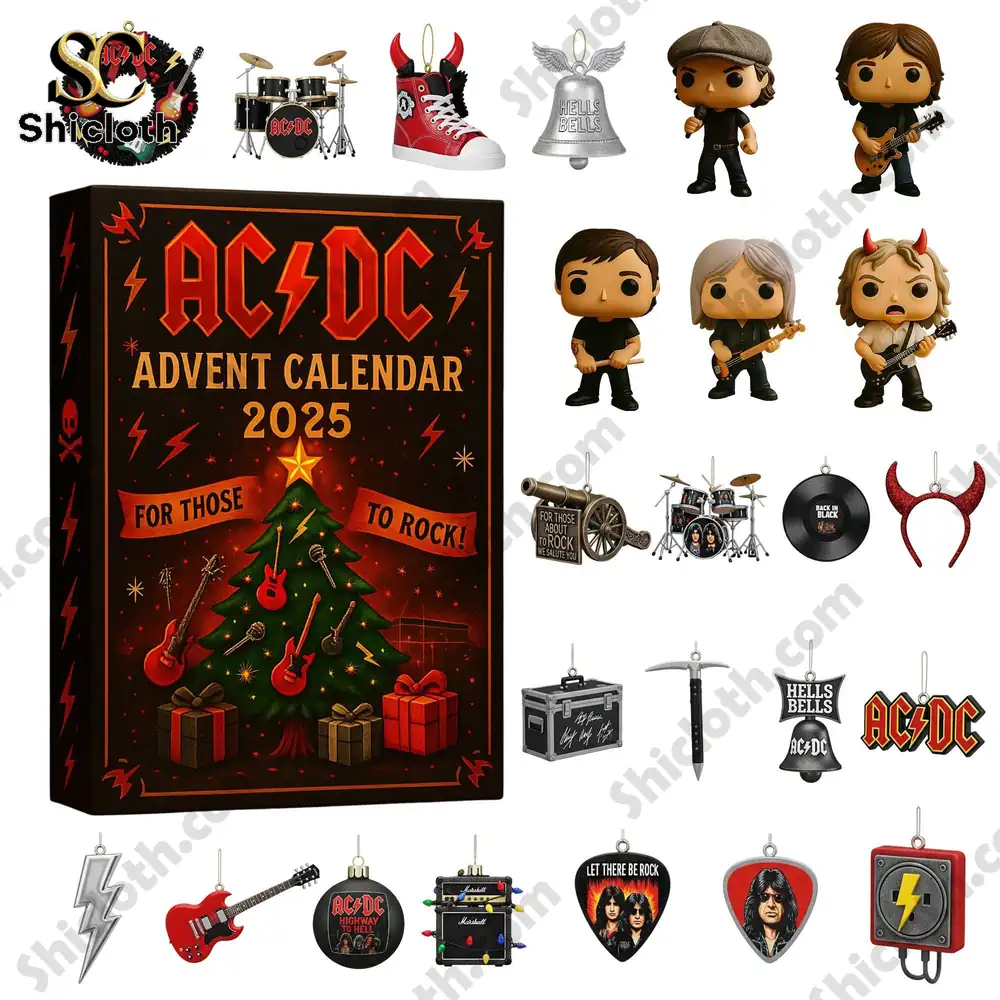 ACDC Band Premium Advent Calendar 2025 3 Shicloth AC DC Advent Calendar 2025 with figures and accessories laid out.