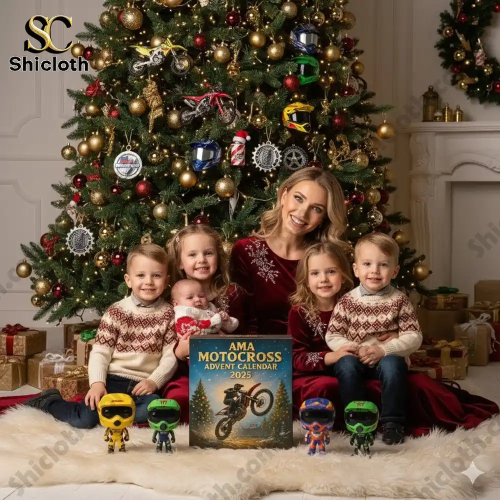 A mother and four children sit in front of a decorated Christmas tree with the AMA Motocross Advent Calendar 2025 box and motocross-themed toys.