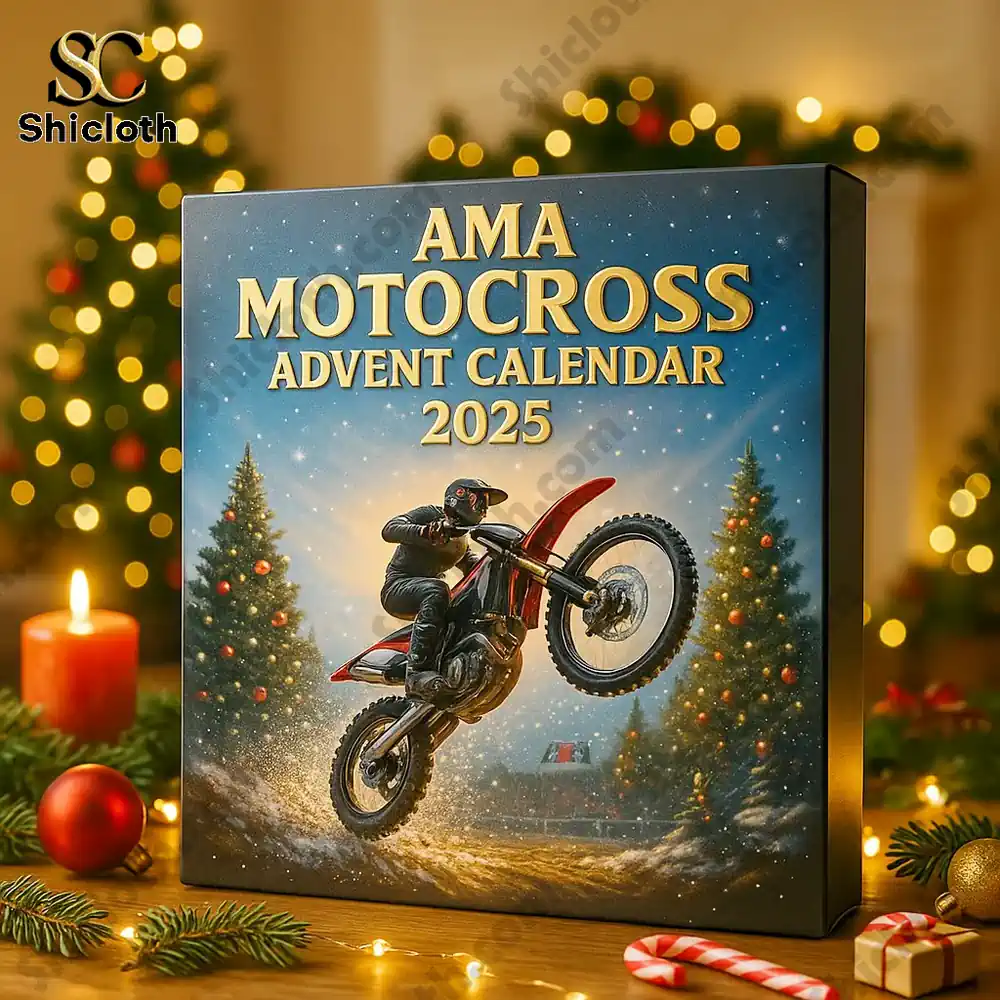 Close up of the AMA Motocross Advent Calendar 2025 box with a motocross rider image surrounded by Christmas lights and candles.