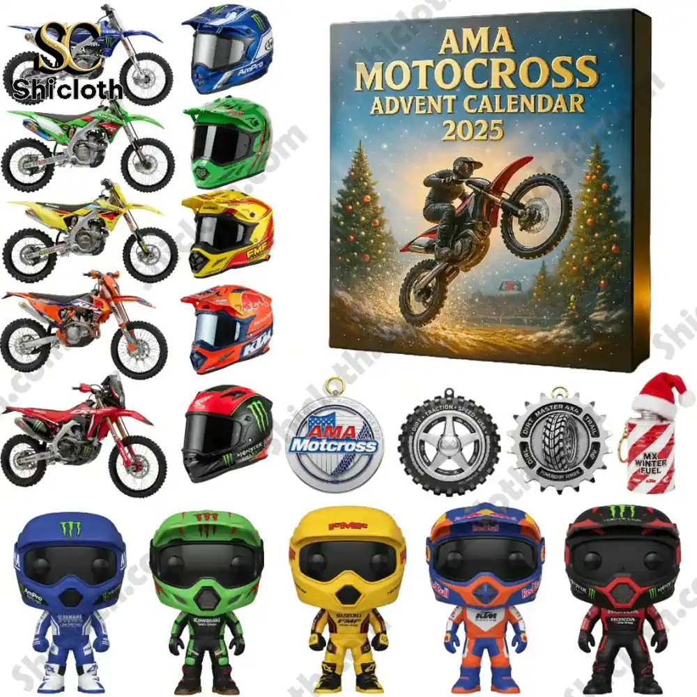 AMA Motocross Advent Calendar 2025 3 Collection of motocross-themed mini figures, helmets, bikes, and ornaments displayed with the AMA Motocross Advent Calendar 2025 box.