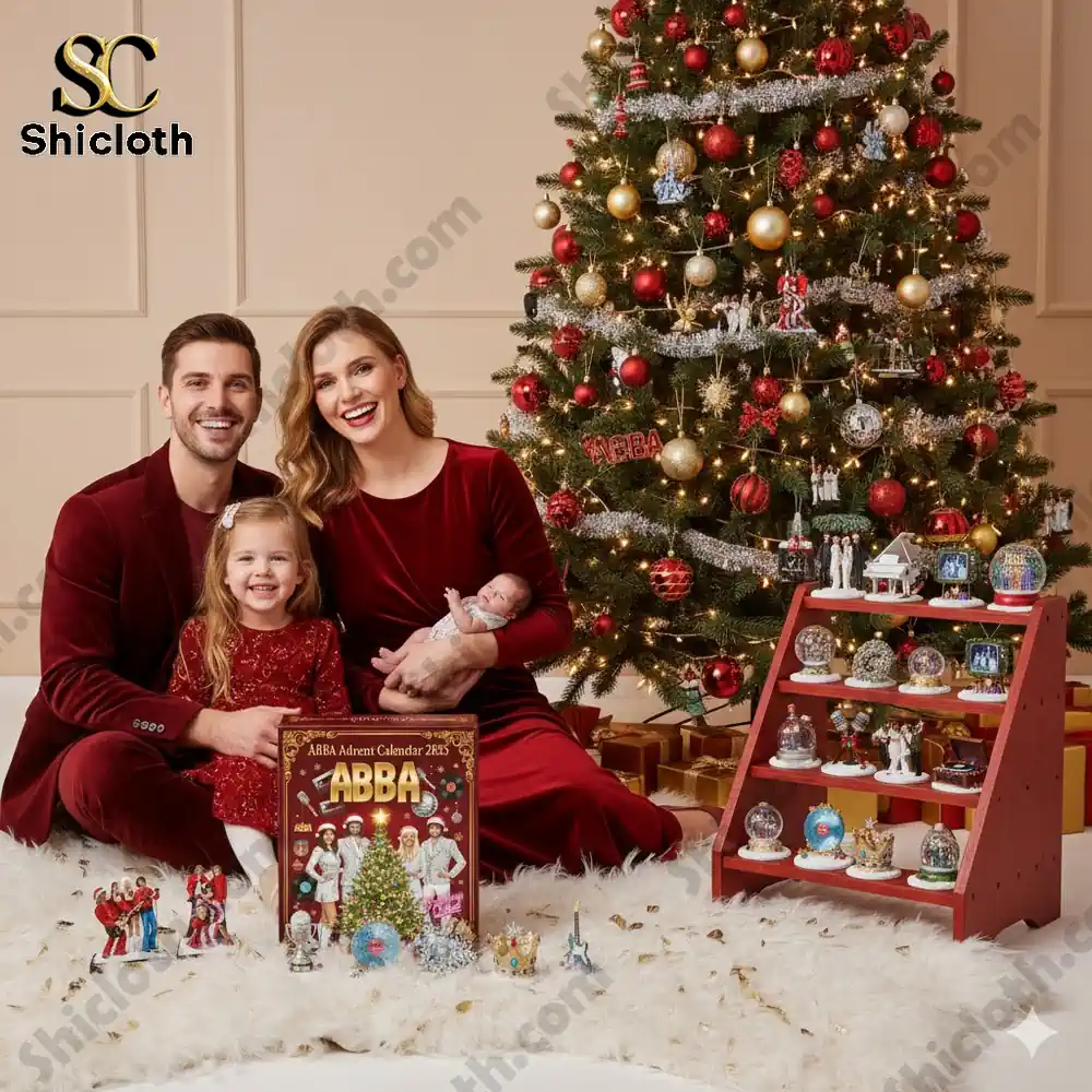A family sits beside a Christmas tree with an ABBA Advent Calendar 2025 and themed ornaments on display!